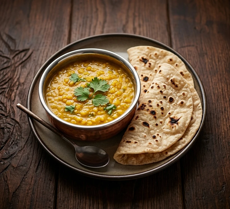 Lentil dal with freshly made roti at Golden Curry, Winnipeg