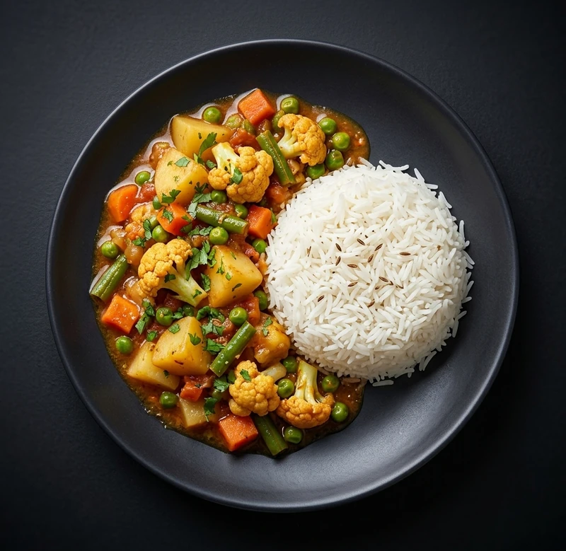 Vegetable sabzi with rice at Golden Curry, Indian restaurant near Maples, Winnipeg
